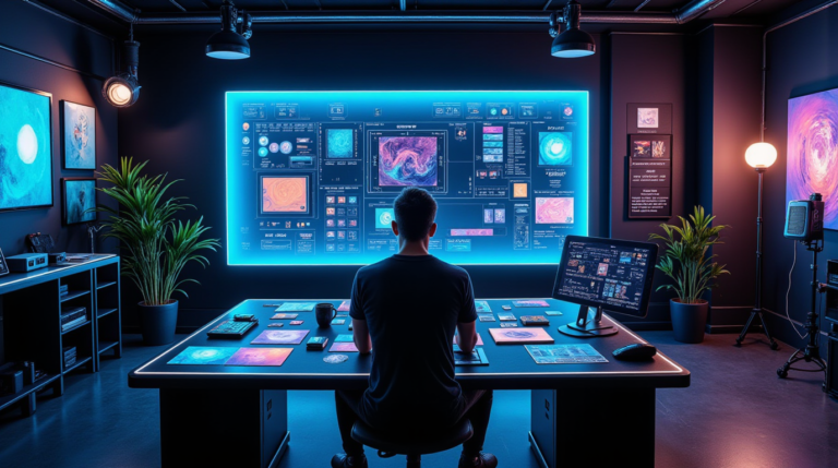 Image réaliste en 8K représentant un studio de design numérique moderne avec des technologies avancées.